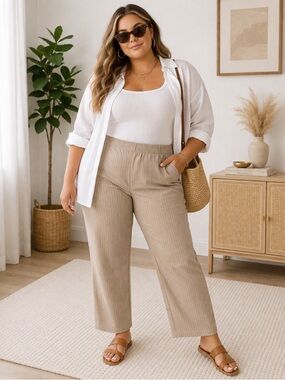 Denim & Co Tan Pinstripe Pants 1X Pull On Elastic Waist Straight Leg NWT